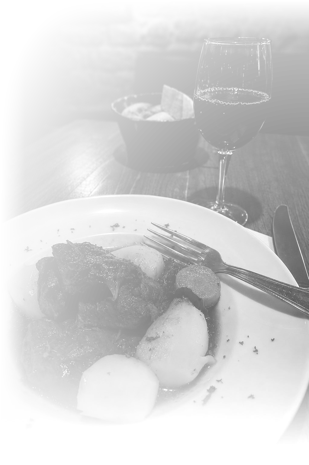 Solo dinner with wine, black and white