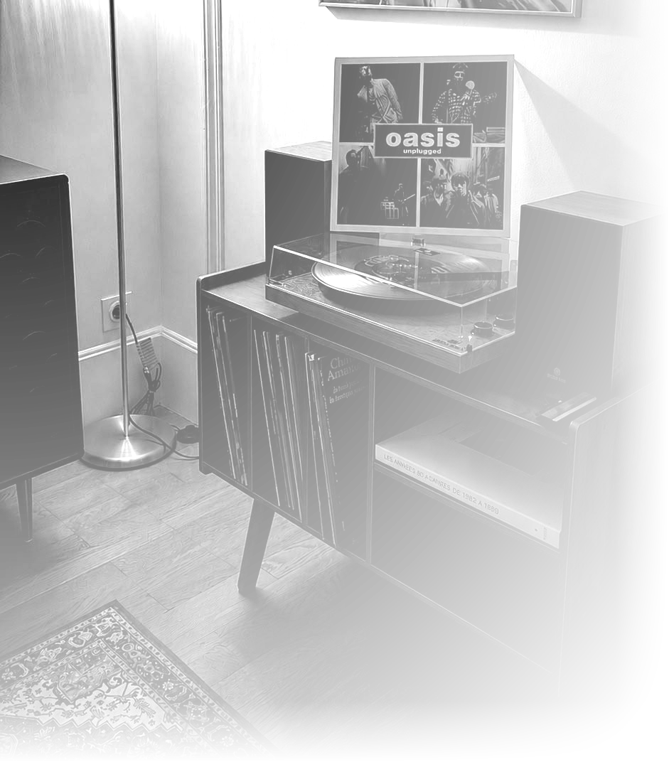 Turntable with an Oasis record, black and white